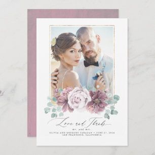 Convite Mauve Floral Love e Obrigados Casamento Obrigado