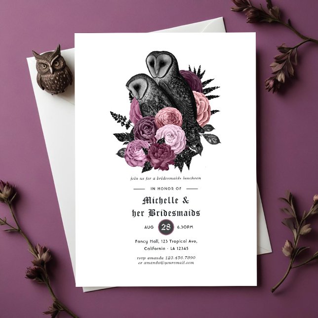 Convite Mauve Floral Ows Gothic Bridesmaids Luncheon (Mauve Floral Owls Gothic Bridesmaids Luncheon Invitation)