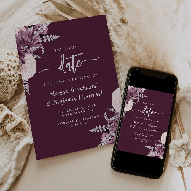 Convite Mauve Floral Prateado Casamento Save the Date (Criador carregado)