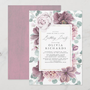 Convite Mauve Flowers e Greenery Elegant Modern Birthday
