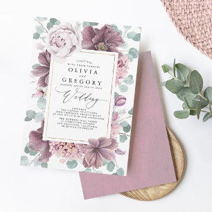 Convite Mauve Flowers e Greenery Elegant Na moda Wedding