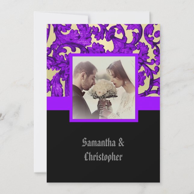 Convite Mauve Gothic damask wedding photo invitation (Verso)