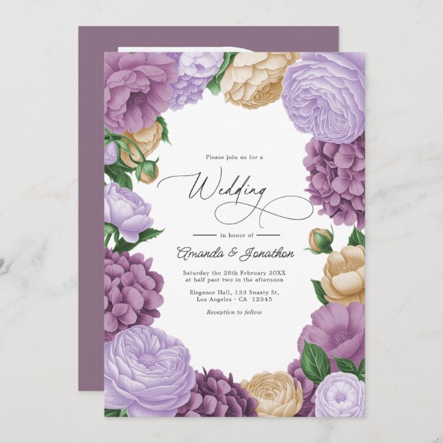 Convite Mauve, Lavender Smoke & Champagne Floral Wedding (Frente/Verso)