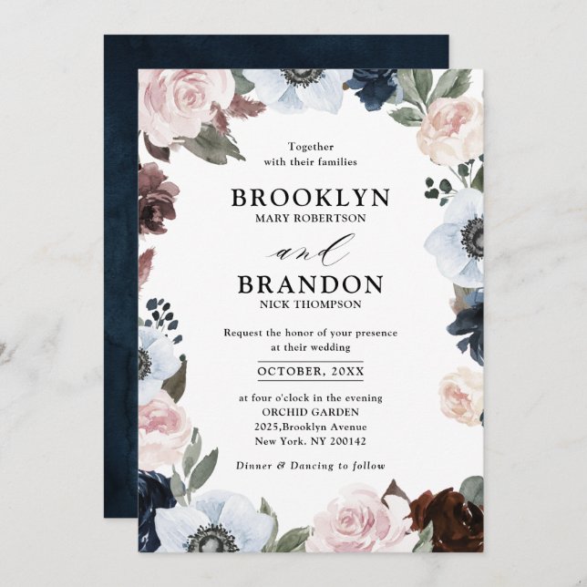 Convite Mauve marinho azul empoeirada e Casamento rosa-pin (Frente/Verso)