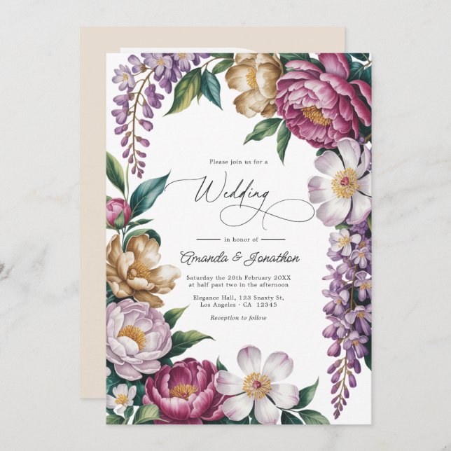 Convite Mauve Mist, Champagne Gold & White Floral Wedding (Frente/Verso)