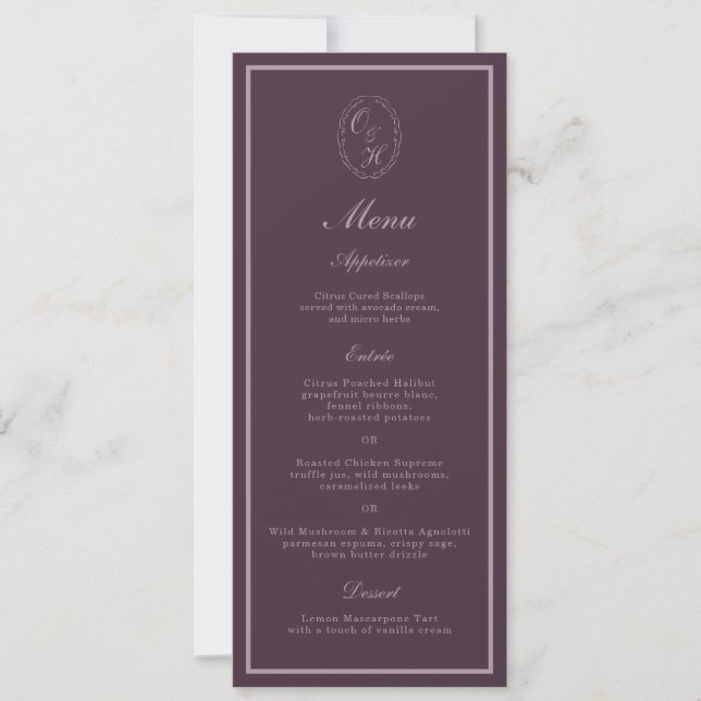 Convite Mauve Plum Monogram Wedding Long Menu (Frente)