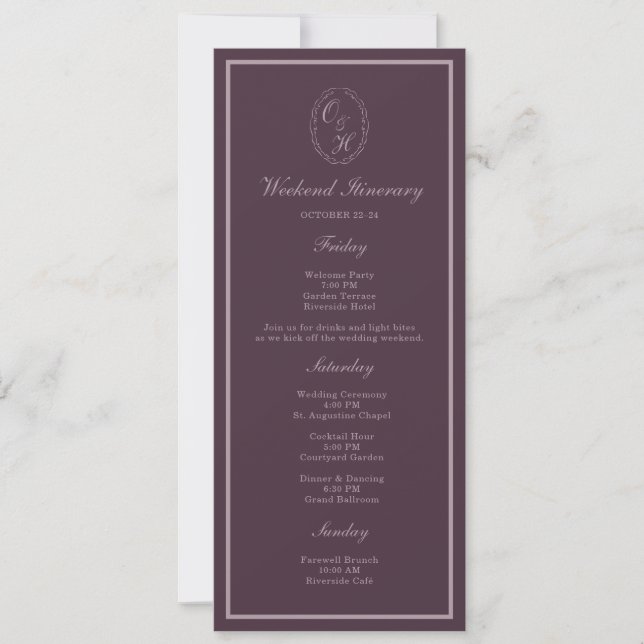 Convite Mauve Plum Monogram Wedding Weekend Itinerary (Frente)