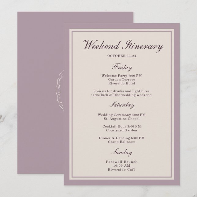 Convite Mauve Plum Wedding Weekend Itinerary Card (Frente/Verso)