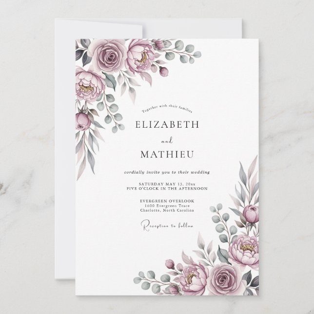 Convite Mauve Romantic Floral Wedding (Frente)