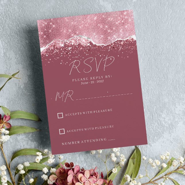 Convite Mauve rosa rosa-rosa-rosa-relva-prata RSVP (Mauve pink rose gold silver glitter RSVP )
