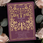 Convite Mauve Royal Medieval Dourada Convocação para Casam<br><div class="desc">Ponha o tom para o seu casamento de fantasia medieval com um design de convite ousado — uma espada de ouro cercada por florais contra um fundo de luvas. Perfeito para casais sonhando com uma celebração épica e romântica. Torne a sua história de amor lendária à primeira vista! NOTA: o...</div>