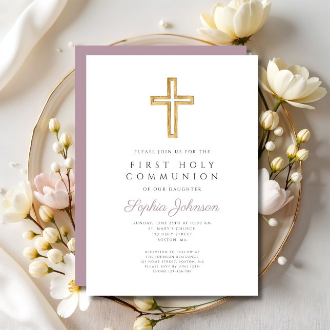 Convite Mauve Script Religious Cross Boy First Communion (Mauve Script Religious Cross Boy First Communion Invitation)