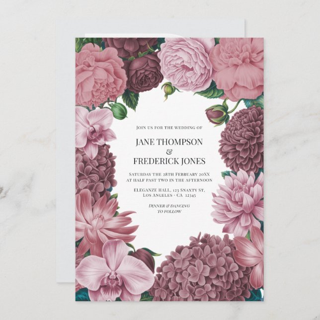 Convite Mauve Smoke, Dusty Peony & Rosewater Clay Wedding (Frente/Verso)