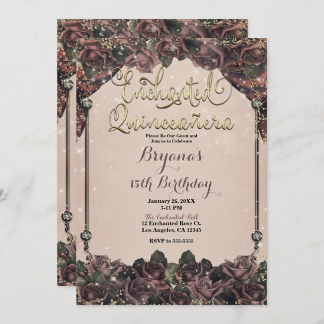 Convite Mauve Spice Rosa Sparkle 15 Quinceañera 15 (Frente/Verso)