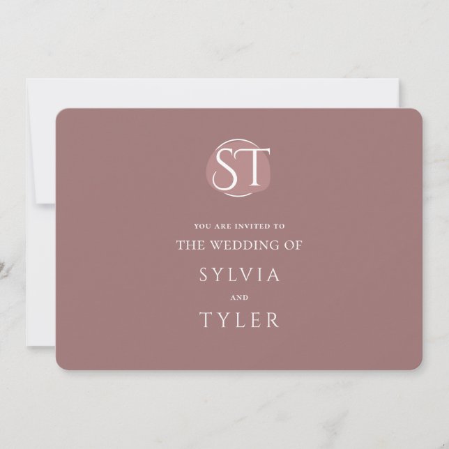 Convite Mauve Typografia Crest Monograma Wedding (Frente)