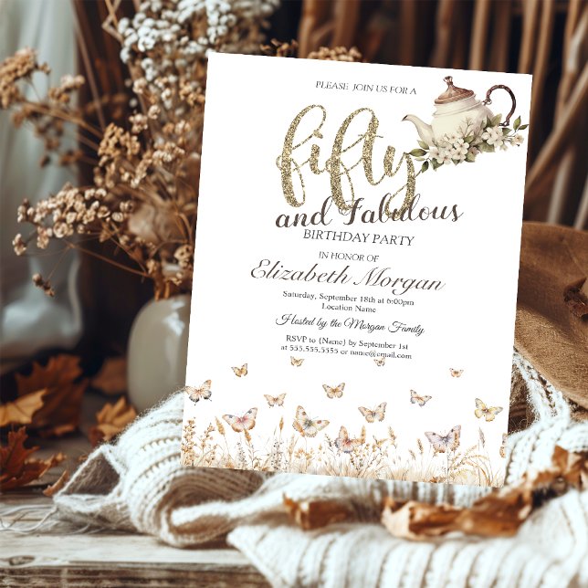 Convite Meadow Butterflies Tea Cup 50º aniversário (Criador carregado)
