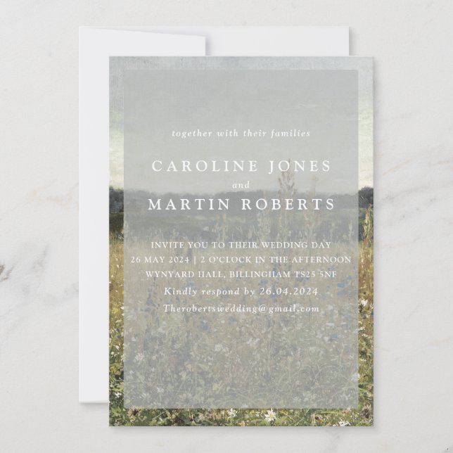 Convite Meadow. Óleo de safra na canvas. Casamento de Bela (Frente)