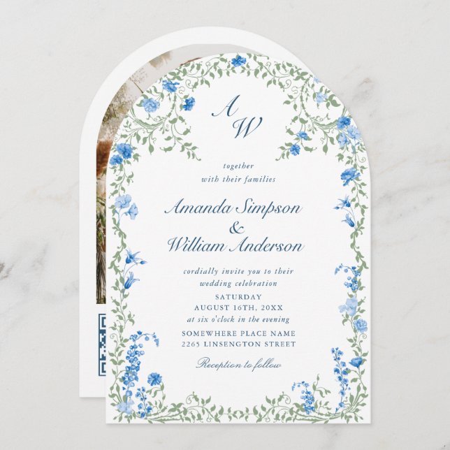 Convite Meadow Pastel French Floral Wedding Código QR Foto (Frente/Verso)