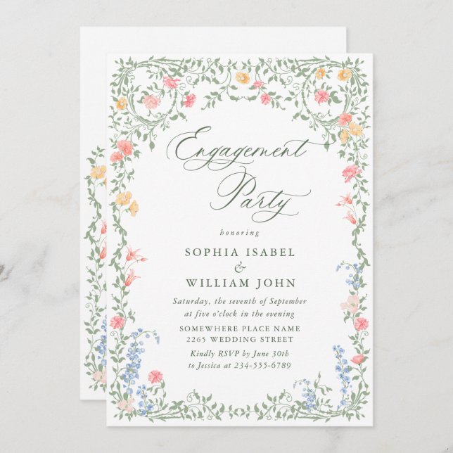 Convite Meadow Pastel French Rosas Floral FESTA DE NOIVADO (Frente/Verso)