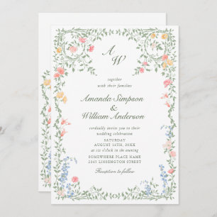 Convite Meadow Pastel French Rosas Floral Wedding Código Q