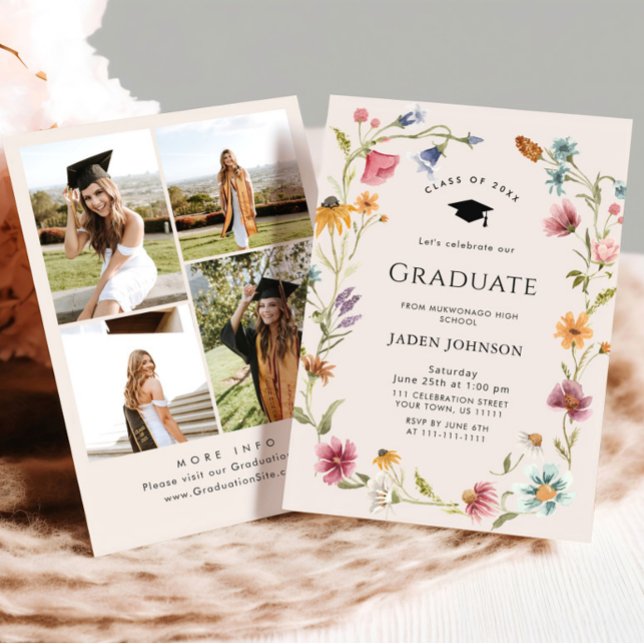 Convite Meadow Wildflower Boho 4 Photo Graduation Party (Criador carregado)