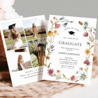 Convite Meadow Wildflower Boho 4 Photo Graduation Party