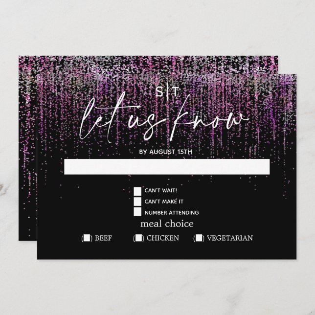 Convite Mediana Moderna RSVP Edgy Magenta Glitter (Frente/Verso)