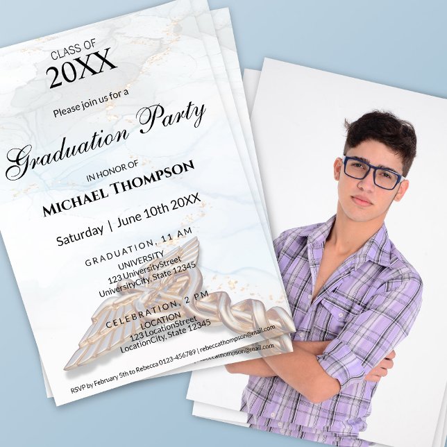 Convite Medical Caduceus Copper Rose Gold Graduation Photo (Criador carregado)