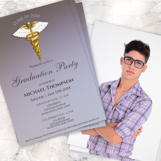 Convite Medical Gold Caduceus Graduation Party | Photo (Criador carregado)