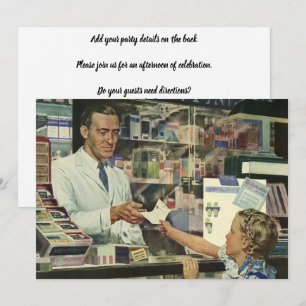 Convite Medicina Antiga, Farmacêutico e Menina na Farmácia