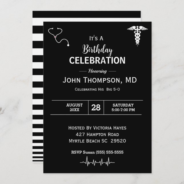 Convite Médico Elegante Festa de aniversário Preto e Branc (Frente/Verso)