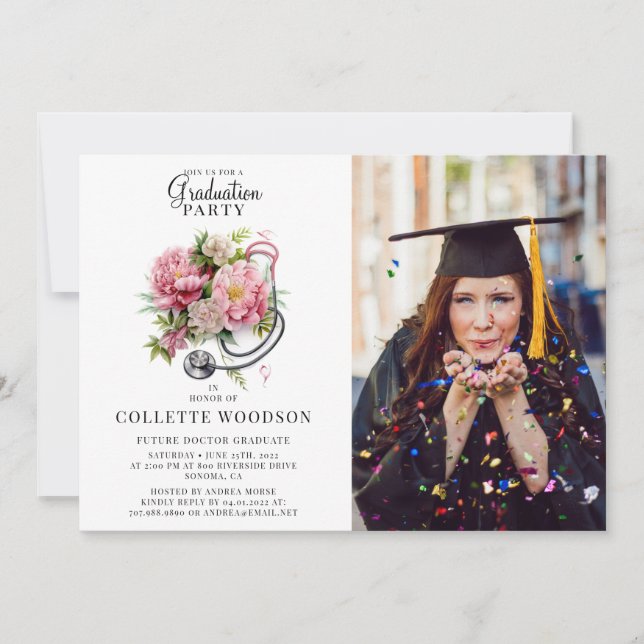 Convite Médico Futuro Graduação de Foto por Stethoscope Fl (Frente)