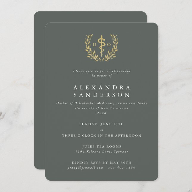 Convite Médico Verde/Dourado do Formando de Medicina Osteo (Frente/Verso)