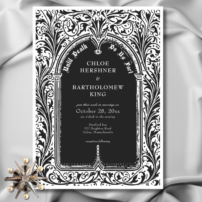 Convite Medieval Branca Negra Gótica Até Casamento da Mort (Gothic Black White Medieval Until Death Wedding Invitation)
