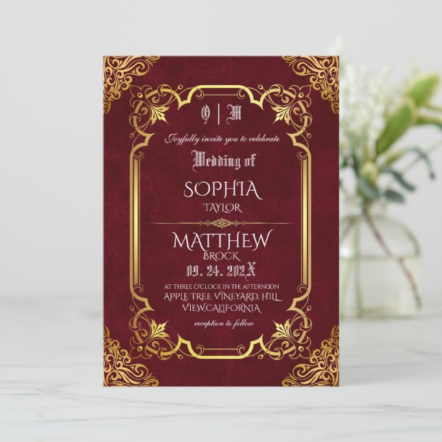 Convite Medieval Burgundy Royal Gold Wedding (Em pé/Frente)