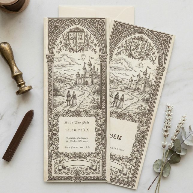 Convite Medieval Crest Wedding Bookmark Save The Date (Criador carregado)