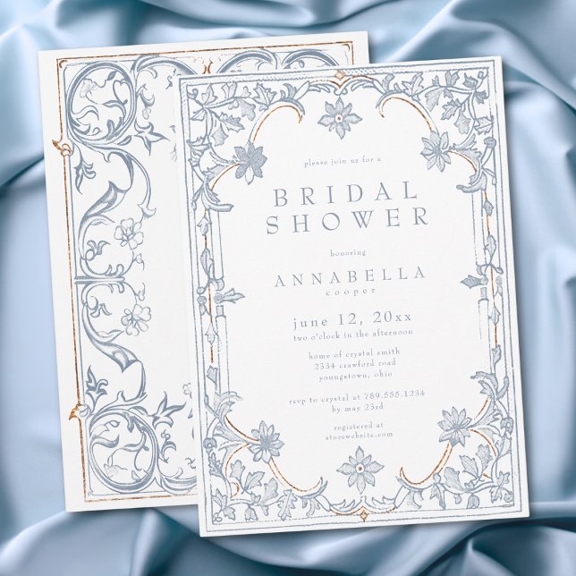 Convite Medieval Fantasia Quadro Azul Dourado Chuveiro de  (Medieval Fantasy Frame Blue Gold Bridal Shower Invitation)