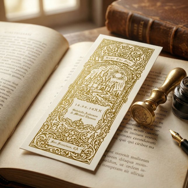 Convite Medieval Gold Wedding Bookmark Save The Date (Criador carregado)