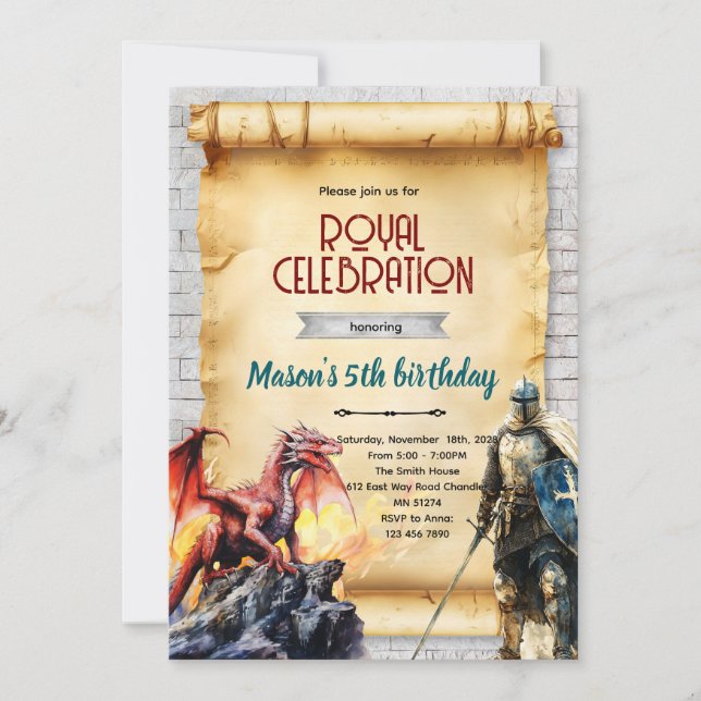 Convite Medieval knight and dragon invitation (Frente)