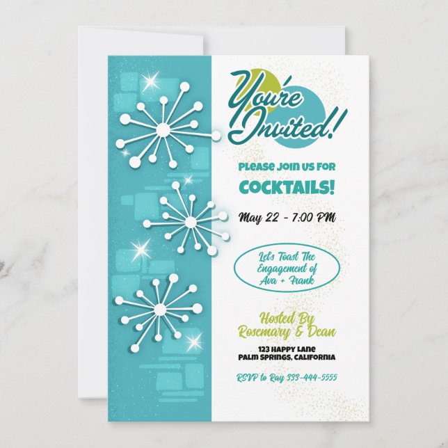 Convite Médio do século moderno Sputniks Festa de noivado (Frente)