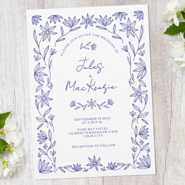 Convite Mediterranean Blue Wildflower QR Code Wedding (Mediterranean floral blue and white QR code wedding invitaiton)
