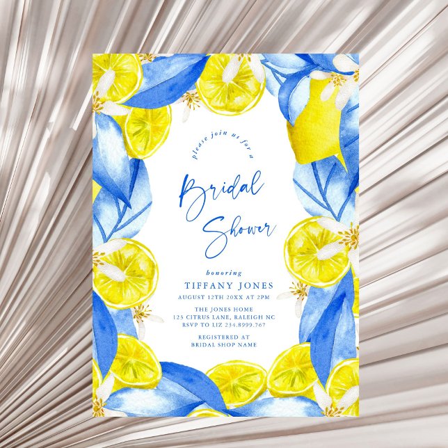 Convite Mediterranean Blue Yellow Lemons Bridal Shower (Criador carregado)