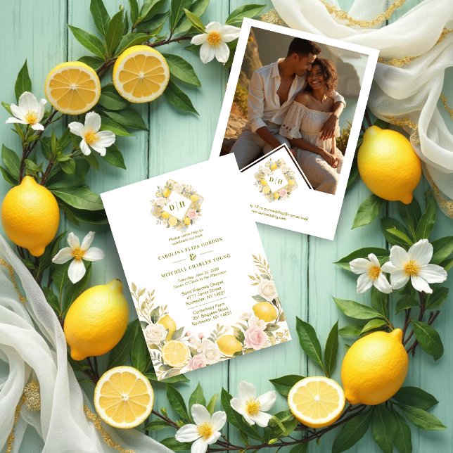 Convite Mediterranean Flowers and Lemons Wedding Photo (Mediterranean Flowers and Lemons Wedding Initials Invitations Cards with Back Photo.)