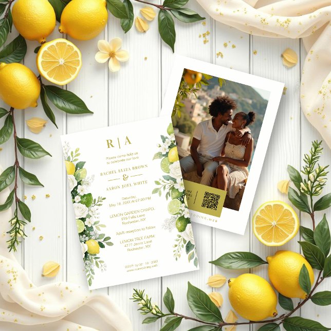 Convite Mediterranean Fresh Lime Lemons & Flowers Garlands (Mediterranean Fresh Lime Lemons and Flowers Garlands Wedding Invitations Cards with Back Photo.)