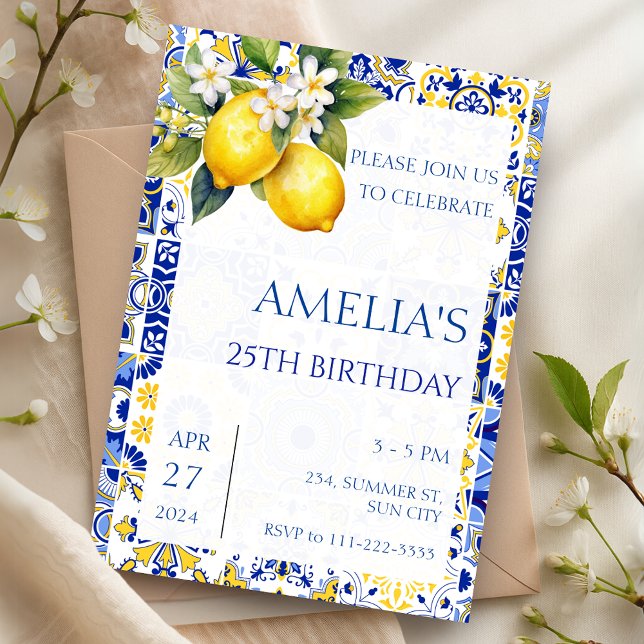Convite Mediterrâneo Limão Amalfi Azulejos Italiano Aniver (Mediterranean Lemon Amalfi Tiles Italian Birthday Invitation)
