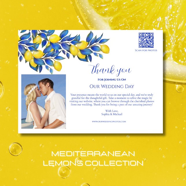 Convite Mediterrânica-Lemons-Casamento Foto-Obrigado- (Mediterranean Lemons-Wedding Collection-Thank you  Card-Citrus-Yellow and Blue)