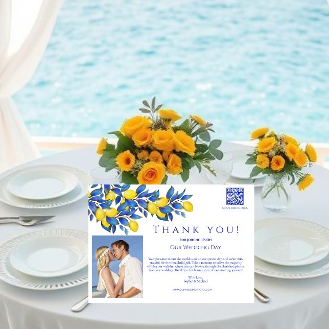 Convite Mediterrânica-Lemons-Casamento Foto-Obrigado- (Mediterranean Lemons Collection-Thank You-Amalfi Italy, Yellow and Blue, Citrus)