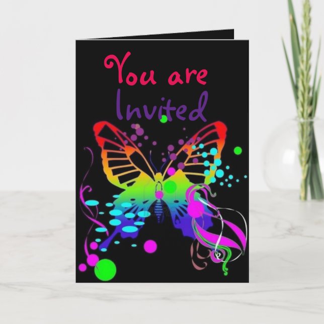Convite Mega Color Butterfly on Black Kids Party Invites (Frente)