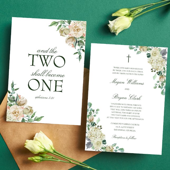 Convite Megan White Roses Greenery Casamento Cristão (Elegant Megan Christian Wedding Invitation with white watercolor flowers and botanical greenery)