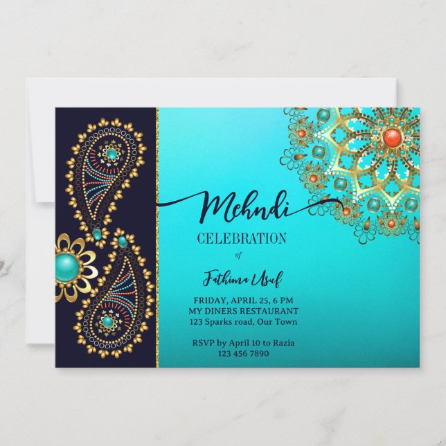 Convite Mehndi Blue Teal gold jowelry paisley (Frente)